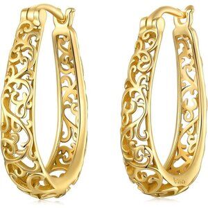 Women's 14K Gold Filigree Hinged Hoop Earrings Set for Party